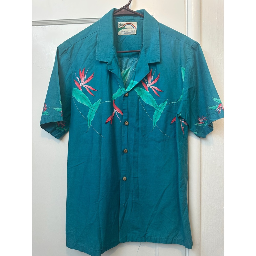 VTG Paradise Found Men Teal Bird of Paradise Floral Aloha Hawaiian Shirt Green L
